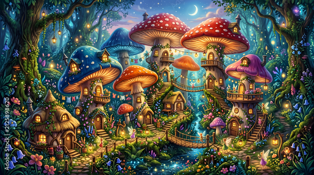 Fototapeta premium A peaceful village built inside giant colorful mushrooms, tiny fairy homes, glowing lanterns, flowers everywhere, magical forest, fantasy