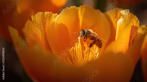 Honey bee meticulously collecting nectar from a vibrant orange flower, showcasing pollination in action.