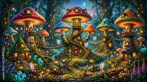 A peaceful village built inside giant colorful mushrooms, tiny fairy homes, glowing lanterns, flowers everywhere, magical forest, fantasy