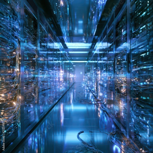 Modern futuristic data center corridor with glowing server racks with illuminated vibrant blue lighting reflective surfaces with realistic indoor corridor