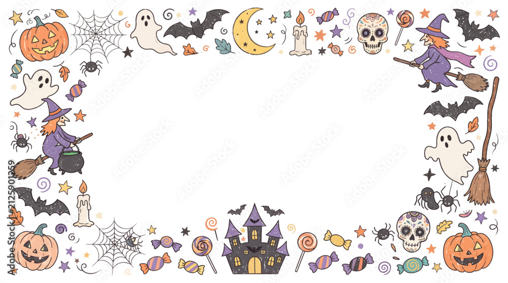 Fototapeta premium Halloween Themed Illustration Frame with Spooky Hand Drawn Decorative Elements