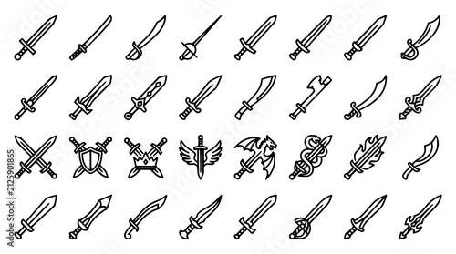 Foto Minimal Sword Outline Icons with Medieval Katana Fantasy Battle Weapon Vector Il