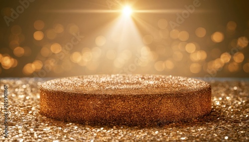 Golden glittery round stage pedestal with spotlight and bokeh