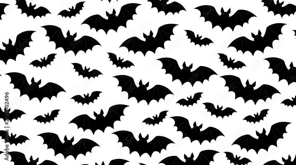 Fototapeta premium Seamless repeating pattern of black flying bat silhouettes on plain white background perfect for halloween festive decoration and textile design projects