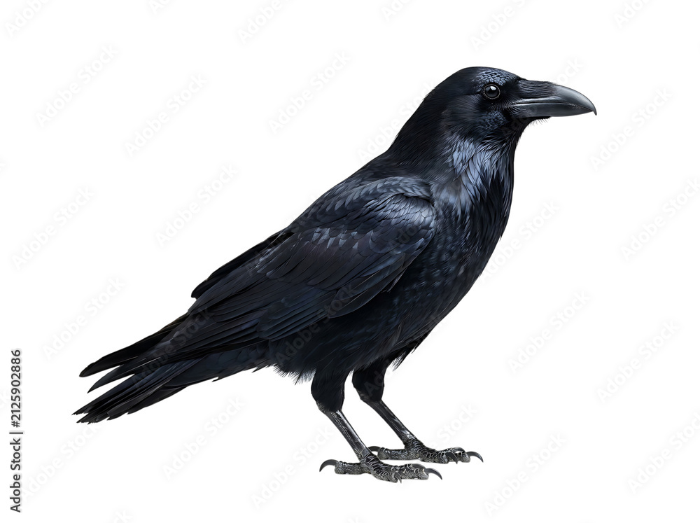Fototapeta premium Common raven perched, detailed plumage isolated on transparent background
