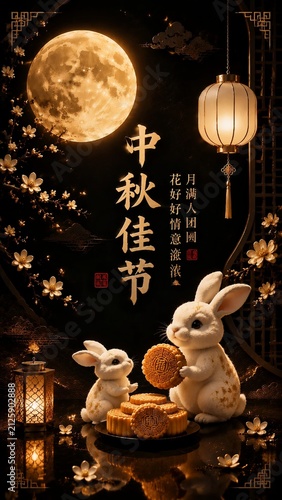 Luxury Mid Autumn Festival poster with golden moon, white rabbits, mooncake, lantern and Chinese calligraphy. Elegant oriental holiday design for greeting cards, advertisements, and festive branding.
