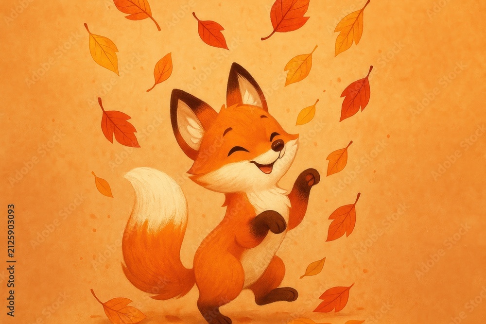 Obraz premium Playful fox amidst falling leaves background