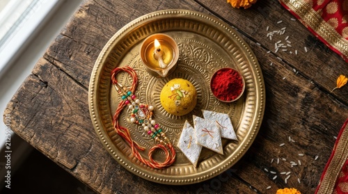 Traditional brass thali plate with rakhi sweets lamp and vermilion powder on rustic wooden surface for festive occasion.