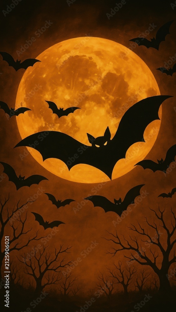 Obraz premium Eerie bats under full moon mobile wallpaper