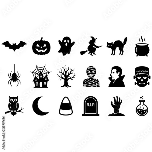 Halloween silhouette icon set, spooky bat pumpkin ghost witch cat and monster collection, and horror party decal graphics. Flat and modern vector design.