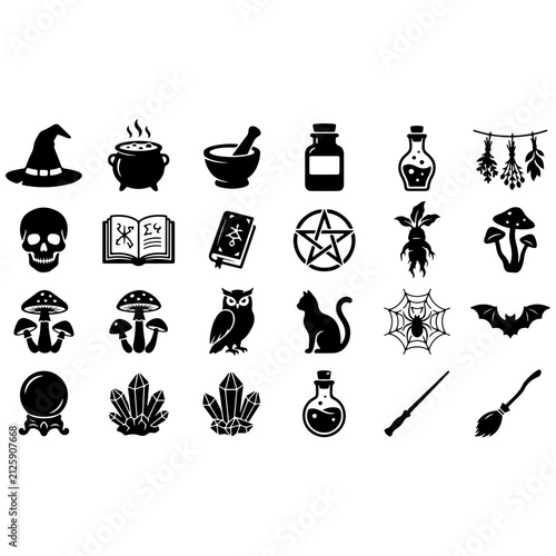 Witchy alchemy silhouette icon set, witch hat potion jar crystal and magic spell book vector collection, and pagan halloween icons. Flat and modern vector design.