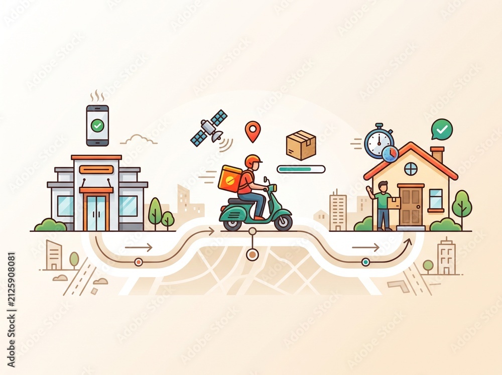 Naklejka premium Food Delivery Workflow Infographic – Restaurant To Customer Vector Illustration
