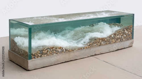 Glass aquarium installation featuring a simulated turbulent river current with rocks