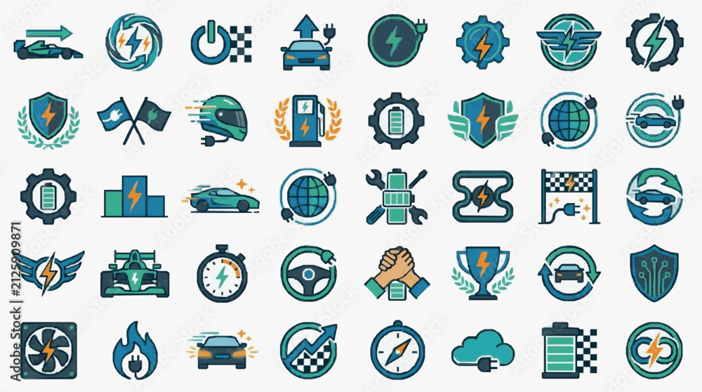 Fototapeta premium Elegant Collection of Modern Electric Vehicle and Energy Efficiency Icons in Blue Green and Teal Color Palette