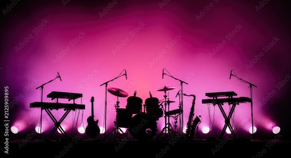 Fototapeta premium Silhouette of Musical Instruments on Stage with Pink Lighting and Smoke for Concert Background