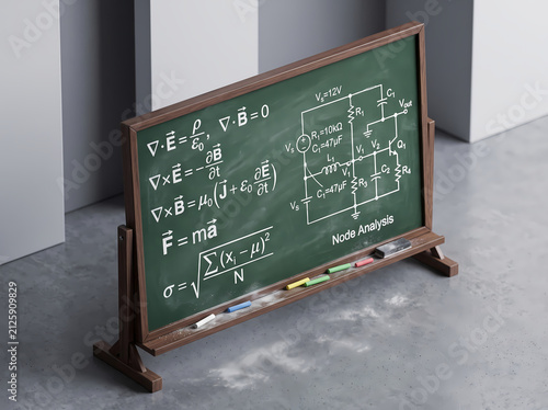Studio Shot 3D Chalkboard Featuring Maxwell and Newton Equations