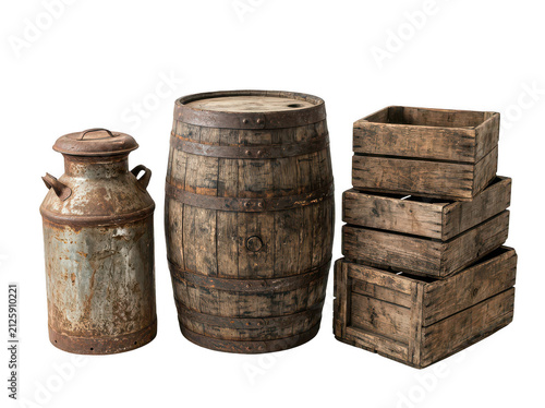 Rustic wooden barrel and milk can. Vintage farm storage crates isolated on white.