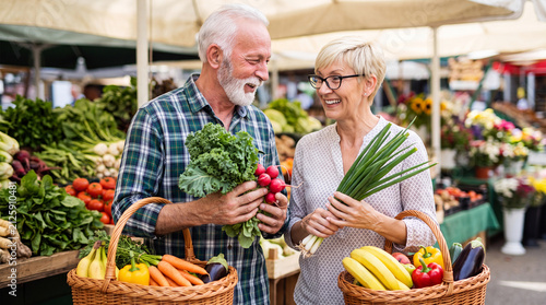 Senior couple shopping for fresh vegetables at an outdoor market, holding baskets filled with produce surrounded by colorful stalls
