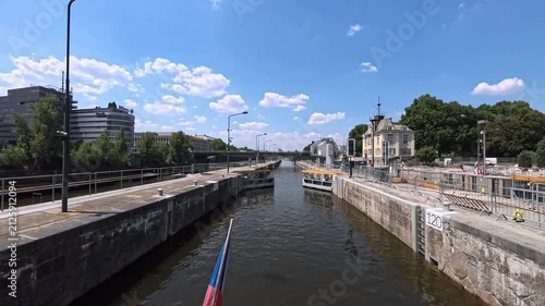 Prague Lock Chamber Water Level Adjustment Boat Sailing Vltava River POV