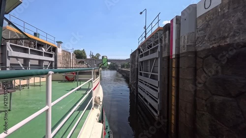 Prague Lock Chamber Water Level Adjustment Boat Sailing Vltava River POV