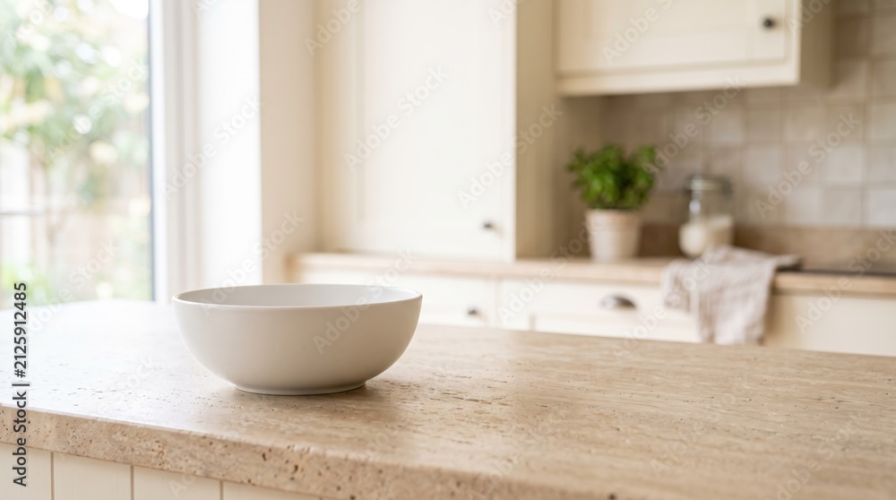 Fototapeta premium Empty white ceramic bowl on beige stone kitchen counter, minimalist interior design concept with natural light and blurred background for food presentation or mockup use