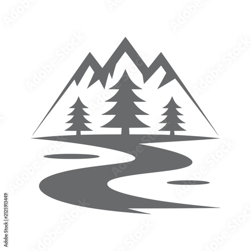 Grey mountain landscape icon with pine trees and river mountain landscape