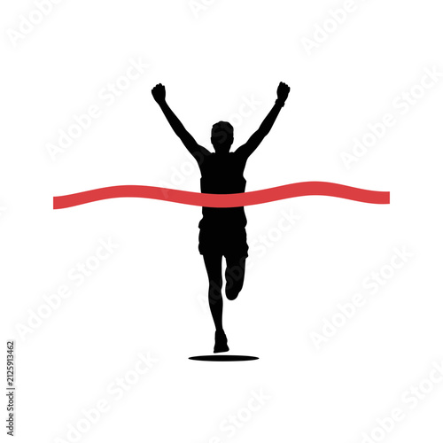 Silhouette of a runner crossing a red finish line with marathon, competition