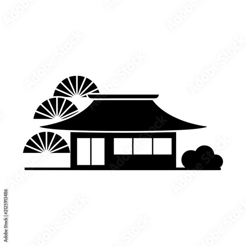 Obraz na plátne Traditional japanese house silhouette icon with pine trees japanese building