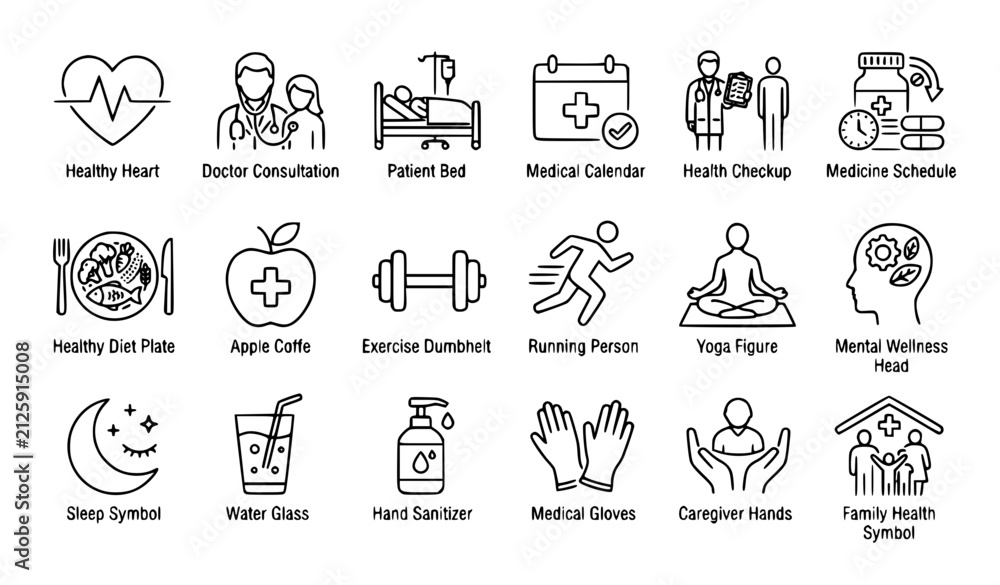 Fototapeta premium Healthcare Wellness and Patient Care Thin Line Icon Set 18 Editable Stroke Medical Fitness Diet and Health Vector Symbols