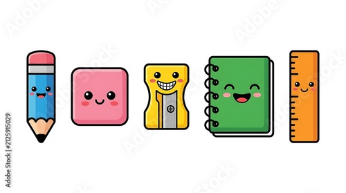 Colorful cartoon school supplies with happy faces displayed in row with each animated facial expressions arranged horizontally against plain white background