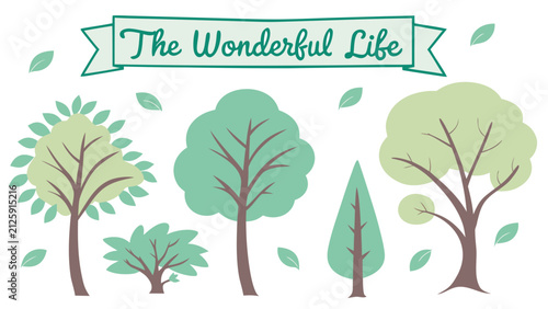 Set of cute forest tree vector elements with leaves and decorative banner text isolated on transparency.