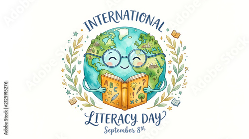 International literacy day september 8th globe character illustration with literacy, education