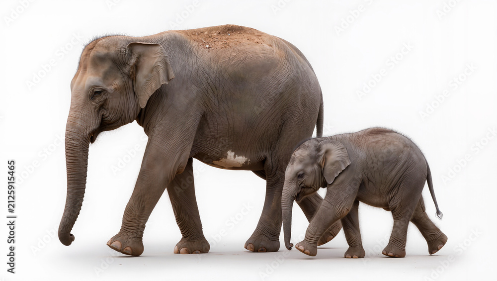 Fototapeta premium Adult and Baby Elephant Walking Together - Isolated on White Background