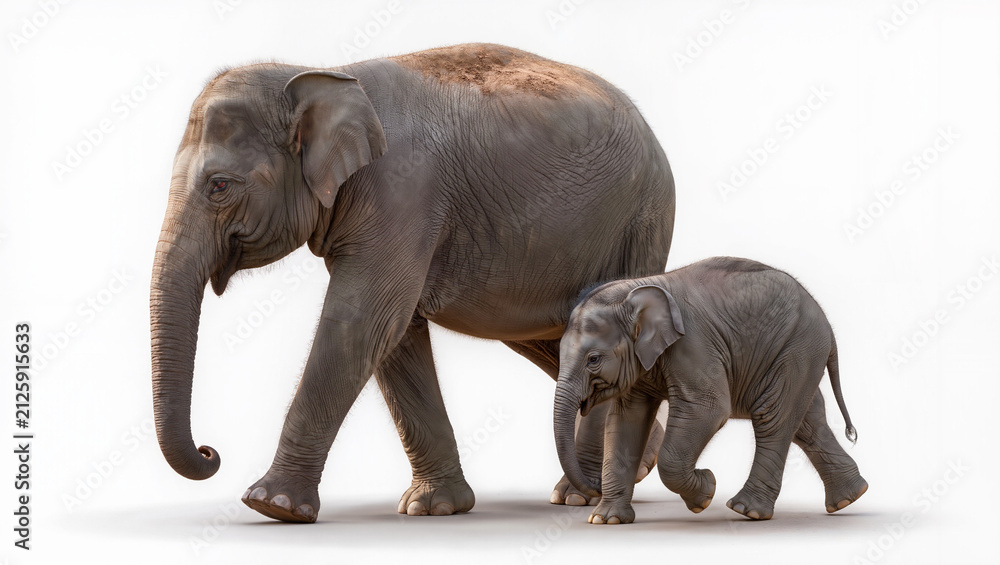Fototapeta premium Adult and Baby Elephant Walking Together on White Background