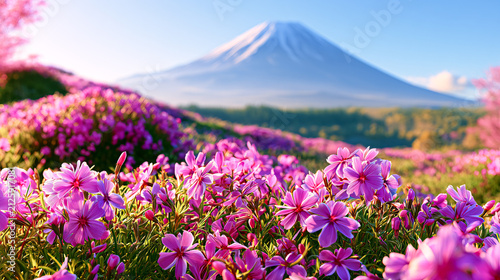 Pink Shibazakura Flowers Blooming with Mount Fuji During Spring Festival in Japan