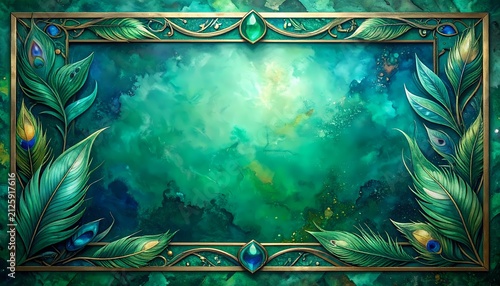 Elegant teal and emerald green watercolor background framed by decorative gold filigree, peacock feathers, and sparkling gems for a luxury aesthetic.