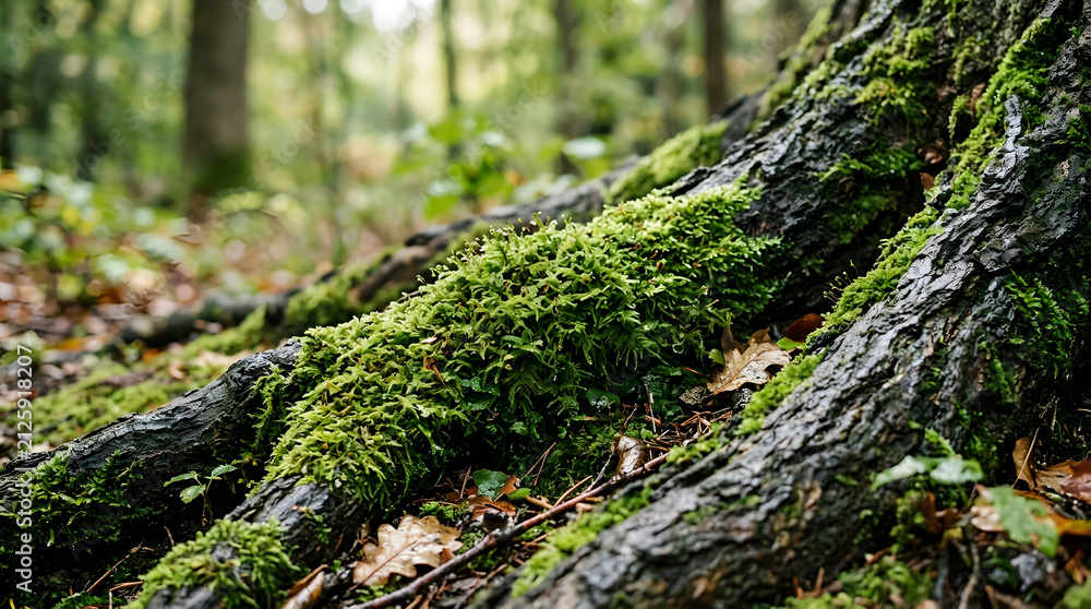 Obraz premium Tree roots covered in lush green moss on the forest floor