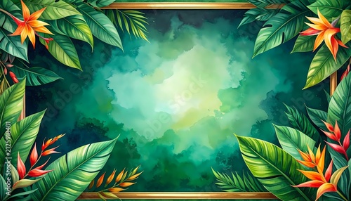 Tropical botanical frame with watercolor background featuring exotic green leaves and vibrant orange flowers.
