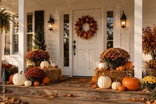 Autumn porch decorated with pumpkins mums and fall leaves during golden hour
