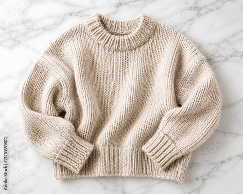 Cozy knit sweater laid flat with soft light on a marble surface for fashion marketing