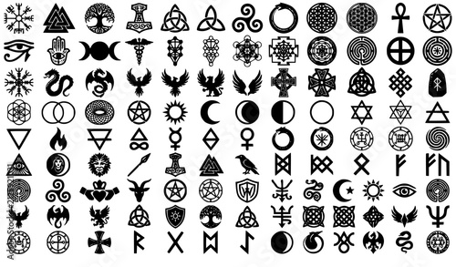 Foto Mythological Norse Celtic Esoteric Black Silhouette Vector Icon Collection