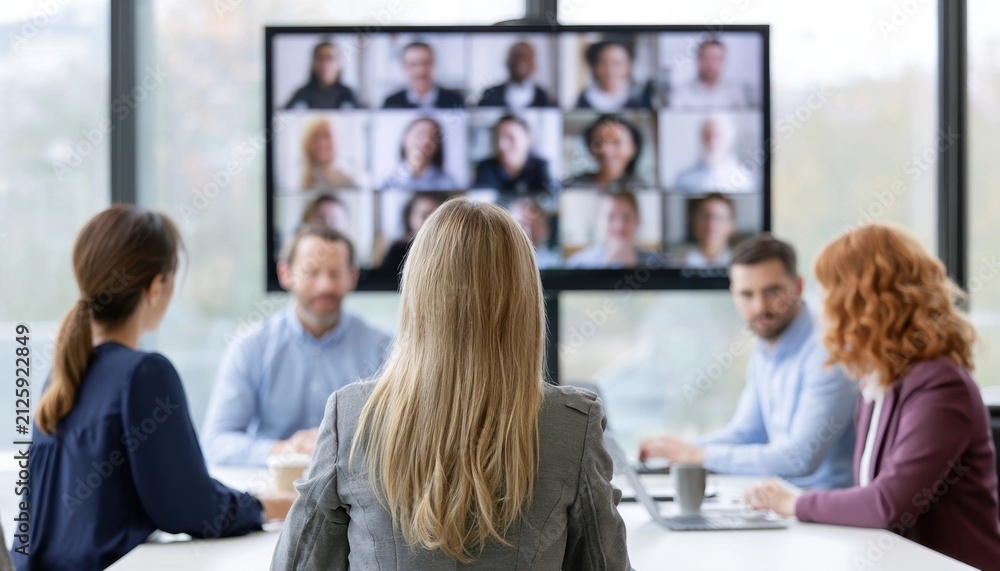 Fototapeta premium Conference room meeting with colleagues on video call screen