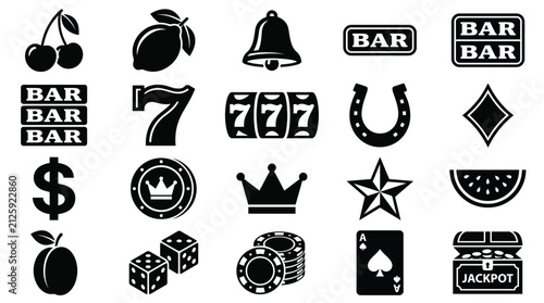 Slot machine icon set and classic casino symbols showcasing lucky seven numbers, traditional fruit icons and gambling elements, representing casino entertainment and jackpot gaming
