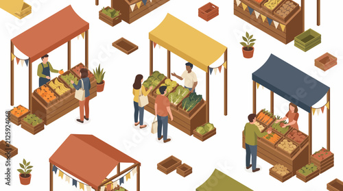 Isometric farmers market vector illustration showing vendors selling fresh produce, colorful fruit stalls and active shoppers, representing local commerce and sustainable lifestyle