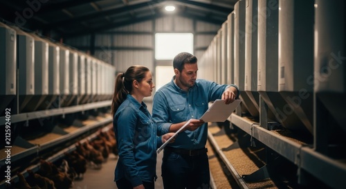 Farm staff reviewing documents and inspecting chicken enclosures, discussing livestock management within a poultry facility.