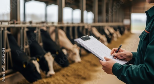 Farm worker diligently records cattle health and vaccination data in a modern barn, monitoring livestock for optimal production.