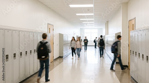 Blurred high school students walking in bright hallway with lockers