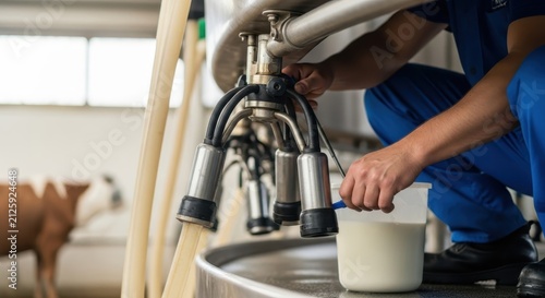 Farmer operating a milking machine to extract milk from a dairy cow for fresh production.
