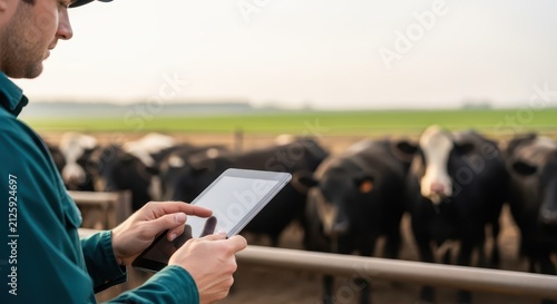 Farmer utilizes tablet for modern livestock monitoring of cattle herd in rural agricultural field at sunrise