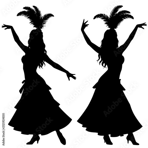 Black silhouettes of two cabaret showgirls in feathered headdresses and tiered dresses - design for carnival party invitations, dance studio posters, and retro theater flyers. Transparent PNG version.